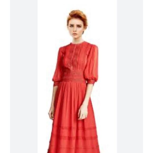 COSTARELLOS Red Scalloped Lace-Trim Maxi Dress Silk Gown Embroidered 36 4 S - Picture 7 of 10